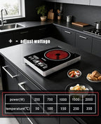Portable Infrared Burner 2000W Electric Burner with 3 Hours Timer-Electric Hot Plate Touch Control Panel Adjustable Heating Power Glass Plate Electric Cooktop for Cooking (Black 2)