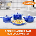 7-Piece Enameled Cast Iron Cookware Set: Dutch Ovens, Skillet & Sauce Pan with Non-Stick Ceramic Coating - Oven Safe to 550°F, PFOA-Free (Cobalt Blue)