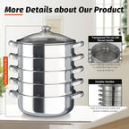5-Tier Stainless Steel Steamer, 11.81 Inch Commercial Multi Tier Stainless Steel Cookware Pot Vegetable Meat Steamer Cooker Set w/Glass Lid for Steaming Shrimp & Miscellaneous Grains