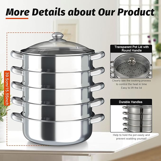 5-Tier Stainless Steel Steamer, 11.81 Inch Commercial Multi Tier Stainless Steel Cookware Pot Vegetable Meat Steamer Cooker Set w/Glass Lid for Steaming Shrimp & Miscellaneous Grains