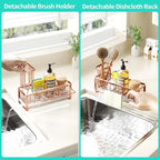 HapiRm Sponge Holder for Kitchen Sink - Self-draining Sink Caddy with Brush and Dishcloth Holders, Stainless Steel Kitchen Organizer for Countertop - Rose Gold