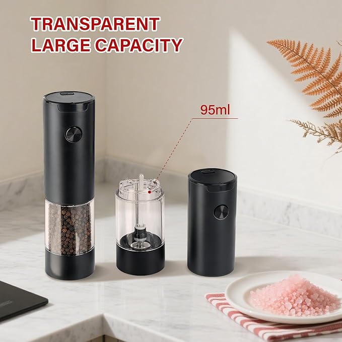 Electric Salt and Pepper Grinder Set - Battery Operated Spice Mills with Adjustable Coarseness, LED Light, Automatic Spice Grinder for Kitchen Appliance, with Cleaning Brush and Stand, Home Cooking