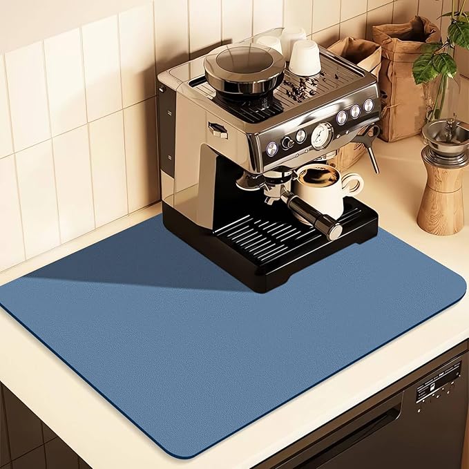 Coffee Mat for Countertops ,Coffee Bar Accessories Fit Under Coffee Maker Espresso Machine, Absorbent Hide Stain Rubber Mat for Countertop ,Dish Drying Mat for Kitchen Counter (Blue, 17"x31.5")