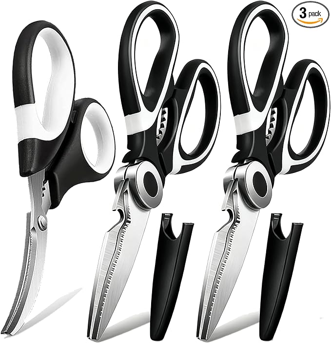 OMDAR Food Grade Kitchen Scissors All Purpose 3 Pack - Heavy Duty Stainless Steel Cooking Shears for Cutting Meat, Food, Fish, Poultry Sharp Sissors for Dishwasher Safe - with Protective Sheath