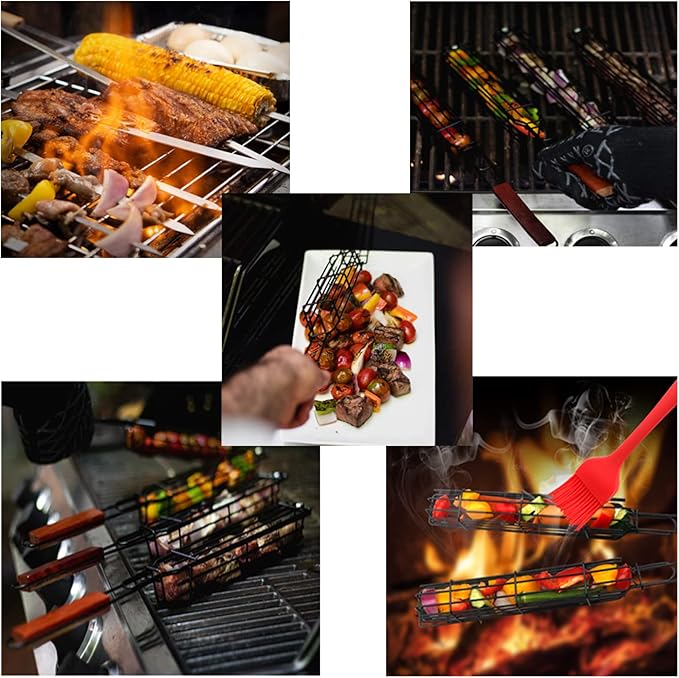 Kabob Grilling Set - 6 Non-Stick Grill Baskets & 6 Stainless Steel Skewers - Long Handle, 15.5 Inch, Steel