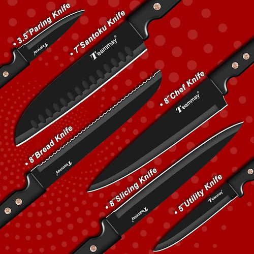 12-Piece Kitchen Knife Set, Stainless Steel Knives with Non-Stick Coating, Dishwasher Safe, Black Knife Set with Rose Gold Rivets 6 Blade Guards, Perfect for Home Chefs Cooking Enthusiasts