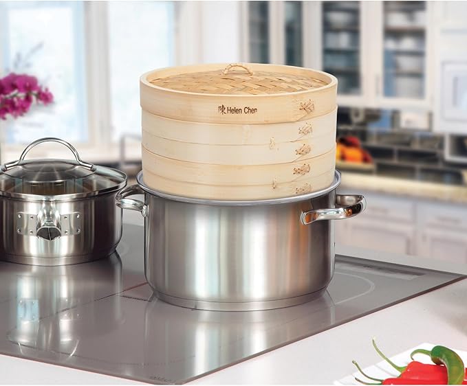 Helen's Asian Kitchen Bamboo Food Steamer with Lid - 100% Natural Bamboo - Basket Steamers for Cooking Dumplings, Dim Sum, Veggies, Fish, Meat - Preserve Nutrients & Flavors - 10-Inch