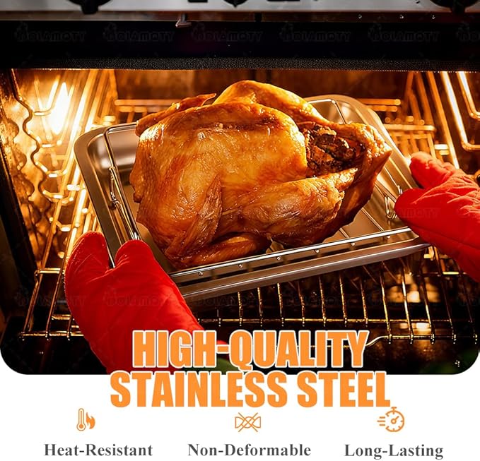Stainless Steel Turkey Baking Roaster Pan Roasting Pan with V Rack, for Smoking and Grilling Chicken, Bird, and Pork Cooking Rack with 15.5*11.6*2 inch Roasting Pan for Smokers, Grill and Oven