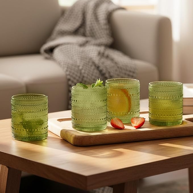 Moretoes Cocktail Glasses 10 oz Hobnail Drinking Glasses Set of 6, Vintage Glassware, Textured Glass Cups Bubble Glasses Water Glasses Old Fashion Jupiter Glasses Set (Green)