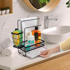 Tlence Kitchen Sink Caddy with 3 Dishcloth Drying Racks, Sponge Holder Rag Stand with Drain Pan, Metal Sink Storage Organizer with Removal Basket for Brush, Towel, Scrubber, Dish Rag, Black