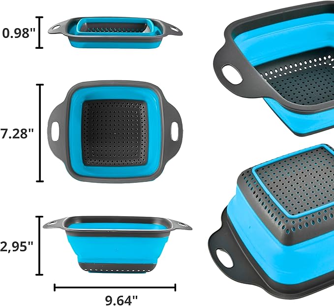Square Collapsible Colander with Handles – Blue Square Silicone Kitchen Strainers with Plastic Handles Foldable Kitchen Strainer Perfect for Draining Pasta Vegetable and Fruit Blue