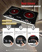 23" Portable Infrared 2 Burner 3500 Electri Burner with 2 Hours Timer-Electric Hot Plate Touch Control Panel Adjustable Heating Power Glass Plate Electric Cooktop for Cooking