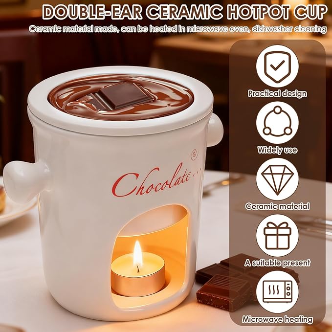 Chocolate Fondue Mug with Fork, 280ml Ceramic Chocolate Fondue Cup Set, Chocolate Melting Mug, Great for Cheese, Butter - Date Nights, Birthdays, Anniversary, Weddings (White)