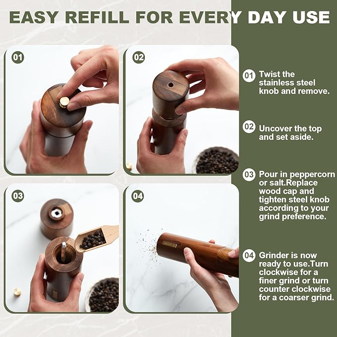 Wooden Salt and Pepper Grinder Set 8 Inch Manual Salt and Pepper Mill with Tray Adjustable Coarseness Refillable Wood Grinders with Gold Bottle Label for Kitchen Christmas Home Gift(Wood Color)