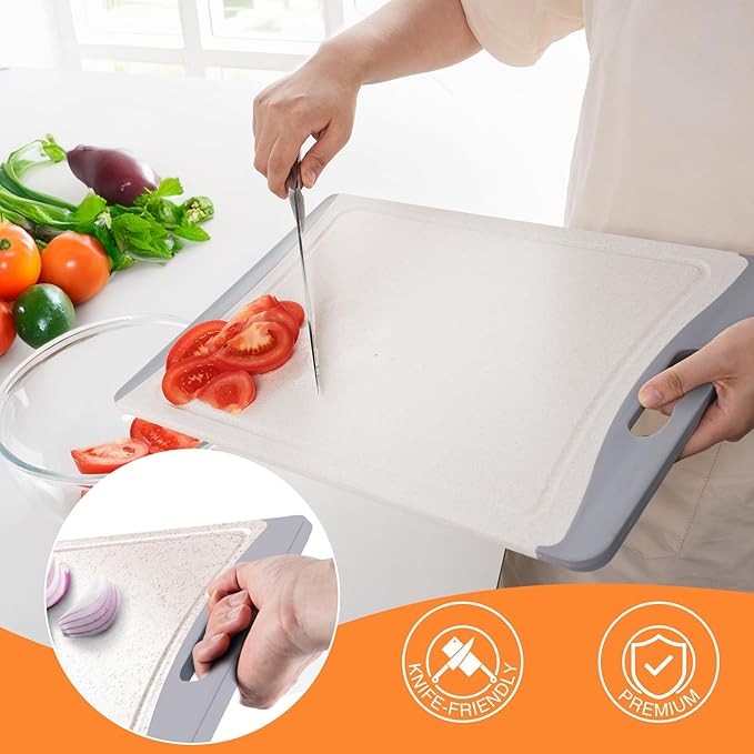 Extra Large Cutting Boards, Plastic Cutting Boards for Kitchen (Set of 3) Cutting Board Set Dishwasher Chopping Board with Juice Grooves Easy-Grip Handles, Beige, Empune