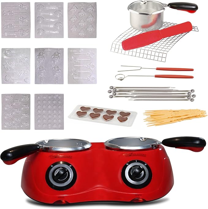 Total Chef Chocolate Melter Pot with 100+ Piece Accessory Kit 17.6 oz (500 g) Capacity Perfect for Fondue Set Dual Melting Pots Candy Making and Desserts Ideal for Celebrations Date Nights Red