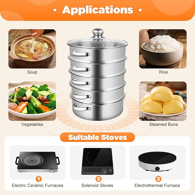 Steamer for Cooking, 5-Tier Stainless Steel Steamer Pot, Multipurpose Stackable Food Steam Pots Kitchen Steaming Cookware with Glass Lid for Induction, Gas, Electric Stoves, Composite Pot Base