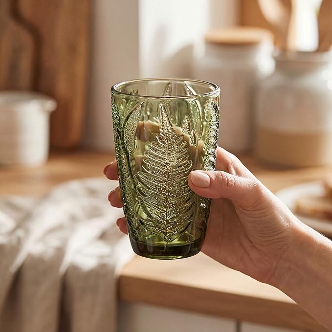 Vintage Green Drinking Glasses Set of 8, 12 oz Hand-Pressed Green Glass Tumblers, Deep Fern Embossed Antique Colored Glassware, Boho Style Textured Highball Cups, Retro Drinkware Gift Set for Home Bar