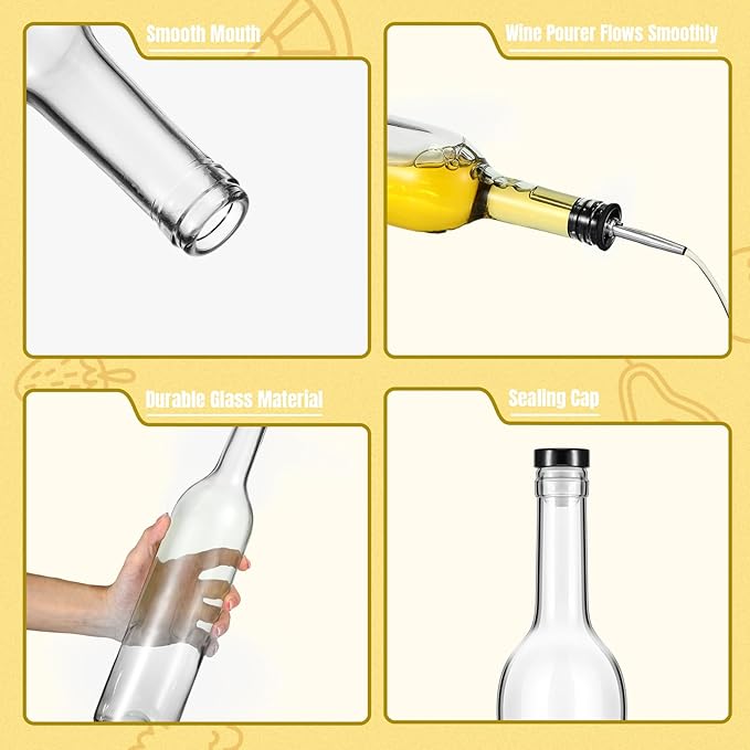 Baderke 6 Pack Glass Long Neck Bottles with Pourer and Caps Clear Glass Wine Syrup Bottle with Spout for Liquor Juice Home Party Bar Kitchen Accessories(Stainless Steel)