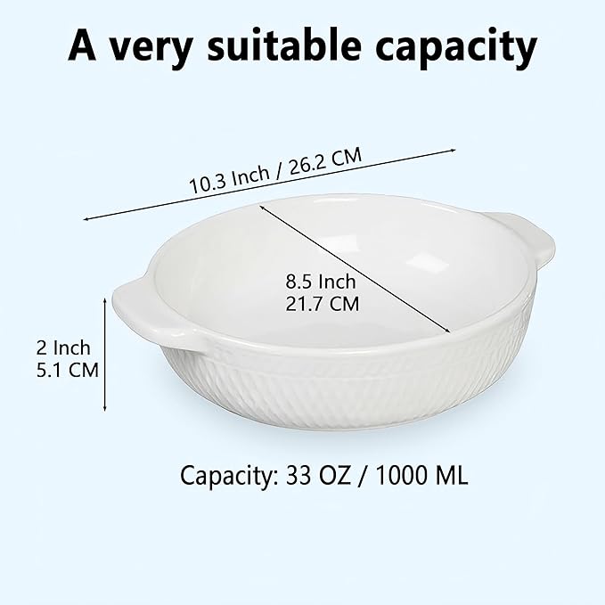 Ceramic Casserole Dish with Handle, 33 oz Set of 2, 8.5" Round Au Gratin Baking Dishes – For Pie Pan, Quiche, Tart Pan, Apple Pie Plate – For 2-3 Person Servings – Oven Safe, Easy Clean