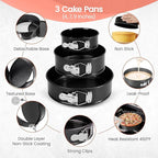 RFAQK 150PCs Cake Pan Set for Baking + Cake Decorating Supplies: 3 Round Non Stick Springform Pan Set (4, 7, 9 inches),24 Icing Tips,Cake Leveler–Multi-functional Leak-Proof Cake Pans & eBook