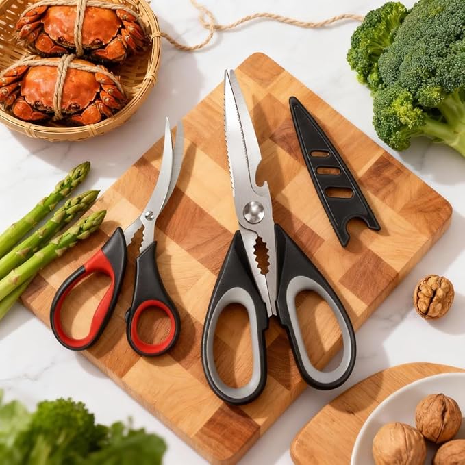 All Purpose Kitchen Shears with Protective Sheath, Heavy Duty 3 Pack Kitchen Scissors with Serrated Blade, Stainless Steel Cooking Scissors for Poultry, Food, Vegetables
