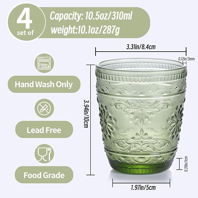 abrwyy 6Pcs Green Drinking Glassware, 10oz Drinking Glasses, Heavy Duty Glass Cups, Colored Embossed Glasses Set for Party Wedding Home Office Glassesware Gift
