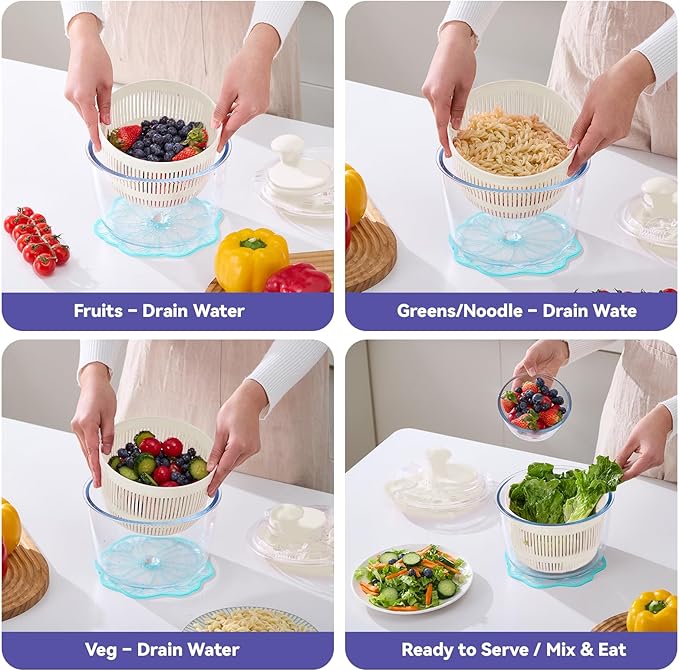 Good Girps 3.2 Qt Glass Salad Spinner Small Vegetable Dryer with Drain Microwave Safe Dishwasher Safe with Transparent Lid Crank Handle Quick Spin Greens Washer for Lettuce Herbs Fruits White