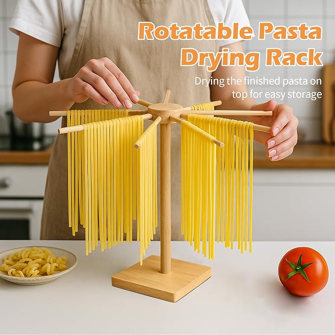 3 Size Pasta Making Tools, 11Pcs Wooden Pasta Making Kit with 3 Size Threaded Rolling Pins, Long Rolling Pin, Rotatable Pasta Drying Rack, Gnocchi Board, Dough Cutter, Wheel Cutter, 2 Stamps