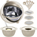 4-1 Colander with Bowl & Spoons Set - Rotatable Colander for kitchen with New Upgraded Graters, Food Strainer(Patented) for Pasta, Fruits, Vegetables, Funny Presents for Women, Beige