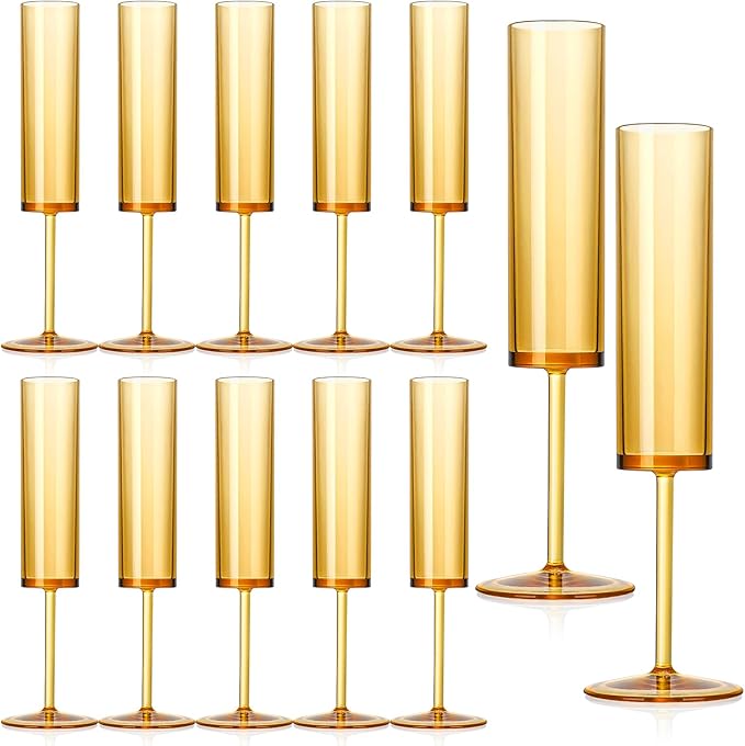 12 PCS Amber Glass Champagne Flutes 5.4 Oz Long Stem Champagne Flutes Plastic Acrylic Champagne Glasses Colored Sparkling Wine Glasses Reusable For Luxury Party Wedding Bar Birthday Use