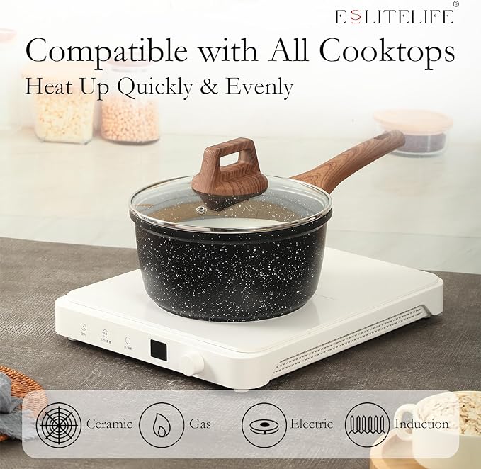 ESLITE LIFE Nonstick Sauce Pan with Lid, 2.5 QT Small Soup Pot Compatible with All Stovetops (Gas, Electric & Induction), PFOA Free, Black