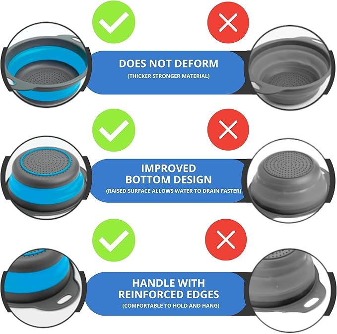 Blue Kitchen Strainer Colander Set - 2 PCS Collapsible Strainer Colander with Plastic Handles Silicone Food Grade Tools for Kitchen for Pasta and Spaghetti Multifunctional