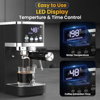 Espresso Machine 20 Bar Temperature Time LED Display Espresso Maker with Adjustable Extraction Temperature Stainless Steel Coffee Machine with Powerful Steam Wand for Cappuccino Latte for Black