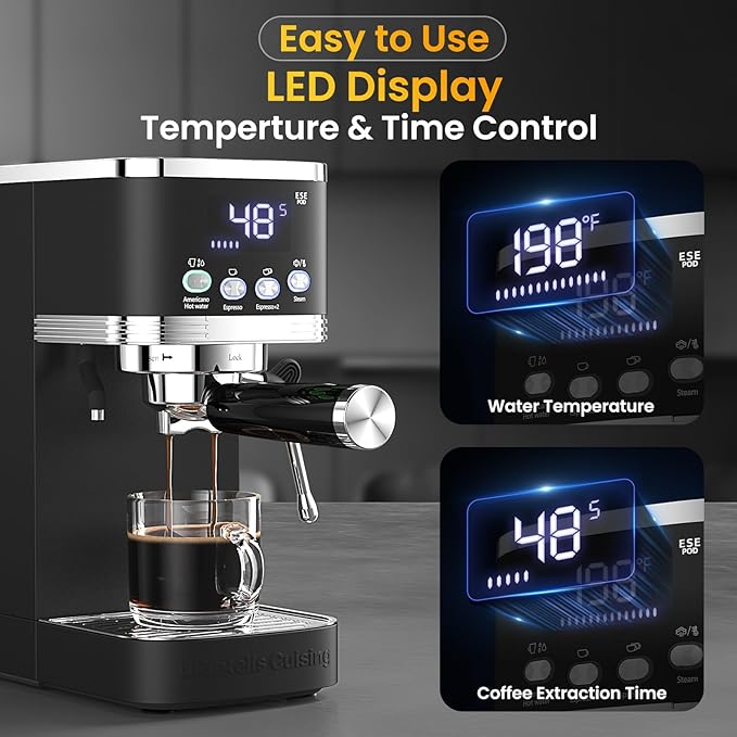 Espresso Machine 20 Bar Temperature Time LED Display Espresso Maker with Adjustable Extraction Temperature Stainless Steel Coffee Machine with Powerful Steam Wand for Cappuccino Latte for Black