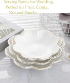 Porcelain Serving Dish,Ceramics Flower Relish Tray with Metallic Rim,Serving Bowls for Wedding,Party Perfect for Small Cereal, Pasta, Salad, Candy and Snacks White 8 inch (2pc-8inch)
