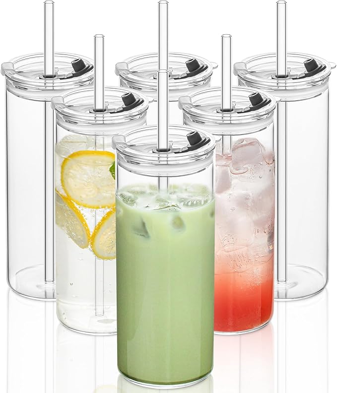 KEMORELA 6-Pack 18oz Large Round Glass Cups with Lids & Straws – Clear Tumblers for Iced Coffee, Juice, Smoothies – Reusable, Leakproof Beverage Set