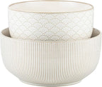 Mikiegy Ceramic Mixing Bowls Set of 2, Nesting Ceramic Embossment Stoneware Mixing Bowls for Cooking, Serving, Popcorn, Salad etc, Microwave & Dishwasher Safe, 98/145 oz, Off-White