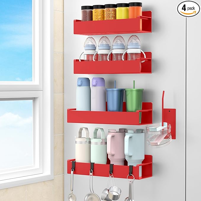 HuggieGems Magnetic Water Bottle Holder for Refrigerator, Cup Holder Organizer for Stanley and Tumbler for Kitchen, 4 Pack, Red