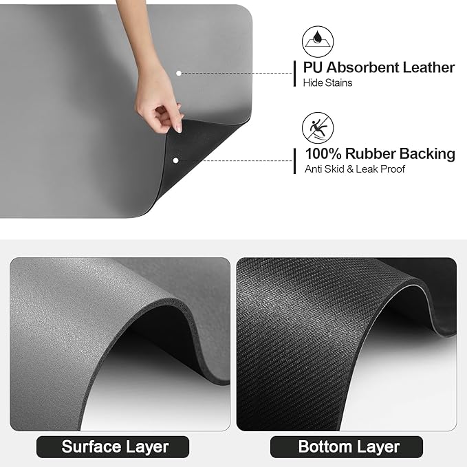 Ecotrim - Dish Drying Mat for Kitchen Counter | Coffee Bar Mat for Countertops | Heat Resistant Drainer Mat with Non-slip Rubber Backed | Hide Stain Kitchen Absorbent Draining Mat | Grey 18"x32"