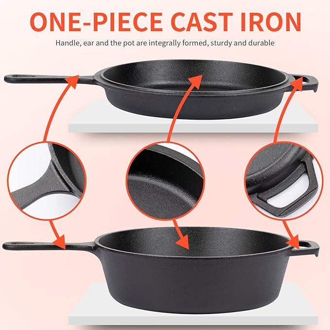 Overmont Cast Iron Skillet with Lid - 2-in-1 Cast Iron Dutch Oven - 3.2QT Deep Pot with Frying Pan - Pre-seasoned Cookware Multi Cooker Skillet - Dutch Oven Pot with Recipe for Grill Induction Stovetop Camping(10.5")