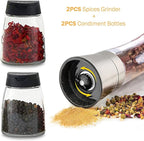 Salt and Pepper Grinder Set Combo - Two Free Spice Jars - Black Pepper,Herb Shakers Mill Refillable Manual - Stainless Steel - Adjustable Coarseness - Glass Material - Fits in Home,Kitchen,Barbecue