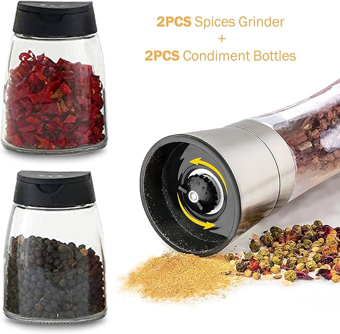 Salt and Pepper Grinder Set Combo - Two Free Spice Jars - Black Pepper,Herb Shakers Mill Refillable Manual - Stainless Steel - Adjustable Coarseness - Glass Material - Fits in Home,Kitchen,Barbecue