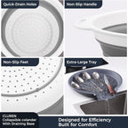 Collapsible Colander Set with Oversized Draining Tray | 3-Pack Foldable Kitchen Strainers + Base | Space Saving for Pasta, Veggies, Fruit & Rice | 5 Colors (Gray-White)