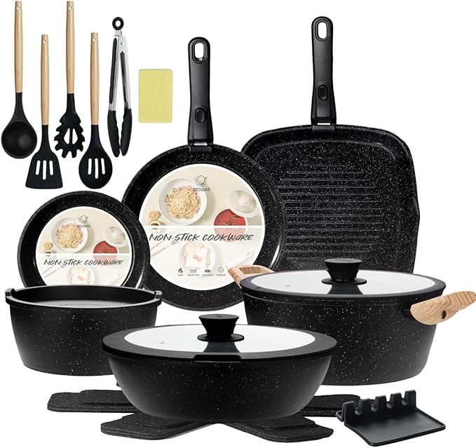 BECIGAR 23pcs Ceramic Pots and Pans Set, Nonstick Detachable Handle Cookware, Induction Kitchen Cooking Set with Removable Handle,include Frying Pans & Saucepans Oven Safe (Black)