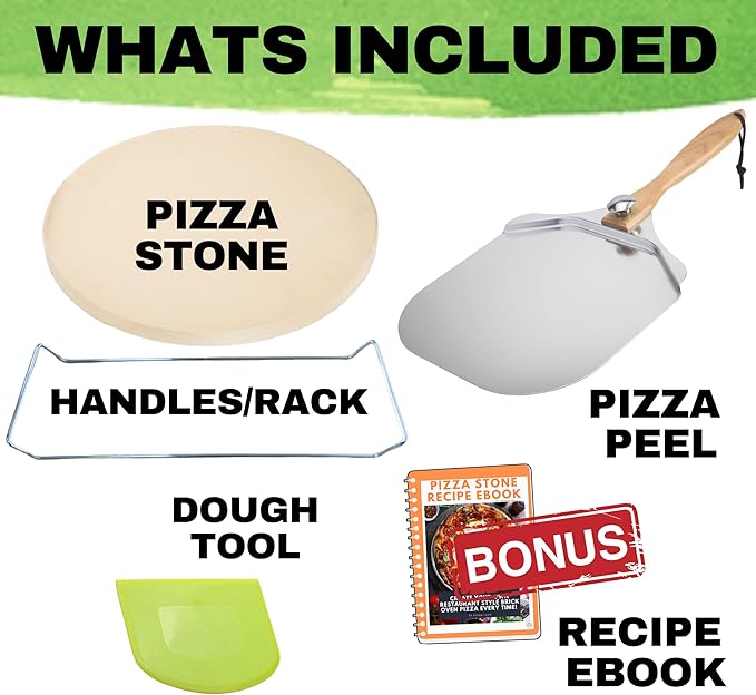 Round Pizza Stone for Oven 16 inch - Large Pizza Stone for Grill with Handles, Metal Pizza Peel & Dough Tool - Baking Stone for Bread - Oven Stones - Pizza Making Set
