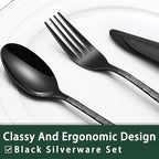 EWFEN 24-Piece Black Silverware Set with Steak Knives, Black Flatware Set for 4, Food-Grade Stainless Steel Tableware Cutlery Set, Mirror Finished Utensil Sets for Home Restaurant, Tree Pattern
