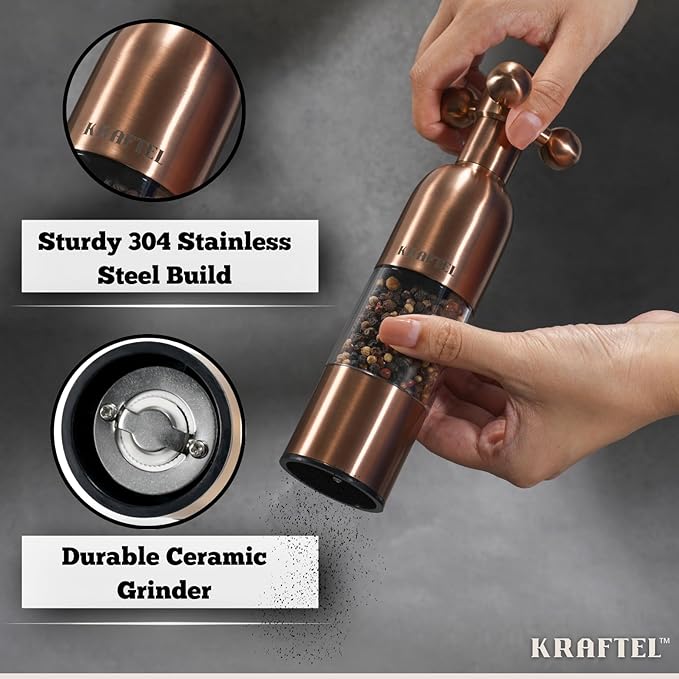 Premium 8" Salt and Pepper Grinder 2PK. Large Peppermill - Refillable, Adjustable Coarse, Antique Stainless Steel Spice Shaker. Clear Acrylic aesthetic - Cute Copper Color Kitchen Gift for Mom