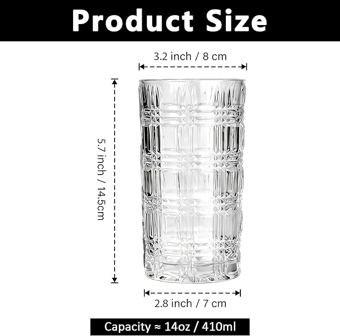 Crystal Highball Glasses Set Of 6-14 Ounce Clear Tom Collins Glasses - Textured Designer Glassware For Whiskey,Drinks, Water, Beer, Soda