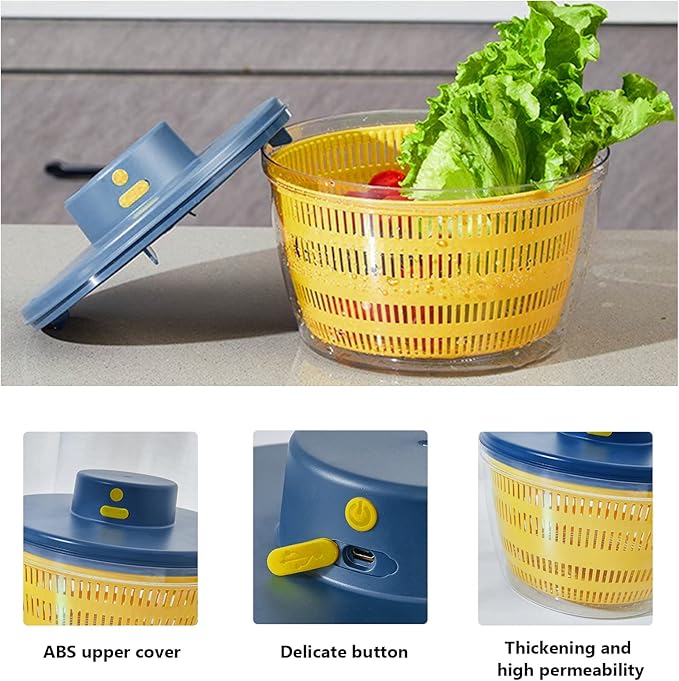 Vegetables Washer Dryer,4L Large Capacity Fruit Vegetable Strainer Spinner,USB Electric Salad Lettuce Spinner,Automatic Compact Salad Cleaner and Dryer for Home Kitchen(Blue)